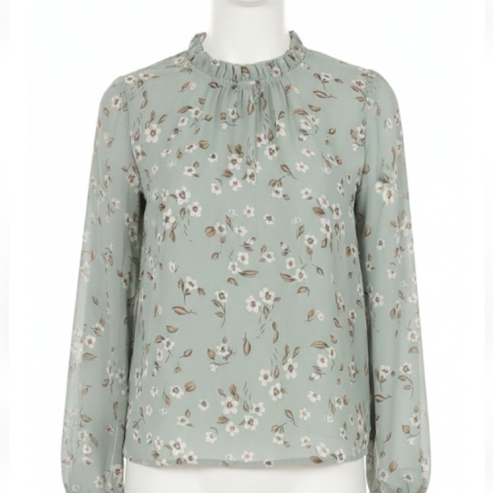 Shein Floral Chiffon Blouse Size Medium Ruffled Neck Sleeve Mint Fairy Whimsy